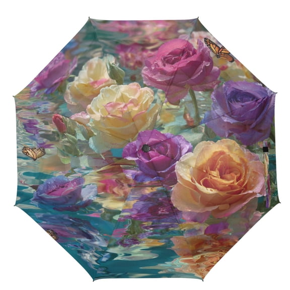21" Inch Auto Open Close Folding Umbrella Windproof Waterproof Full Print 8-Rib Compact Travel Umbrella for Rainy Days Colorful Roses Floating on Water