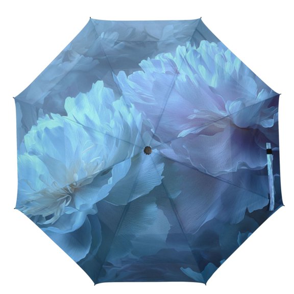 21" Inch Auto Open Close Folding Umbrella Windproof Waterproof Full Print 8-Rib Compact Travel Umbrella for Rainy Days Cool-toned Lotus Flowers Pattern