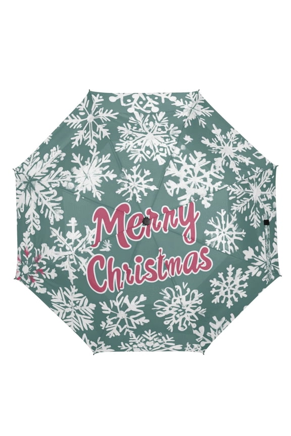 21" Inch Auto Open Close Folding Umbrella Windproof Waterproof Full Print 8-Rib Compact Travel Umbrella for Rainy Days Green Merry Christmas Snowflakes
