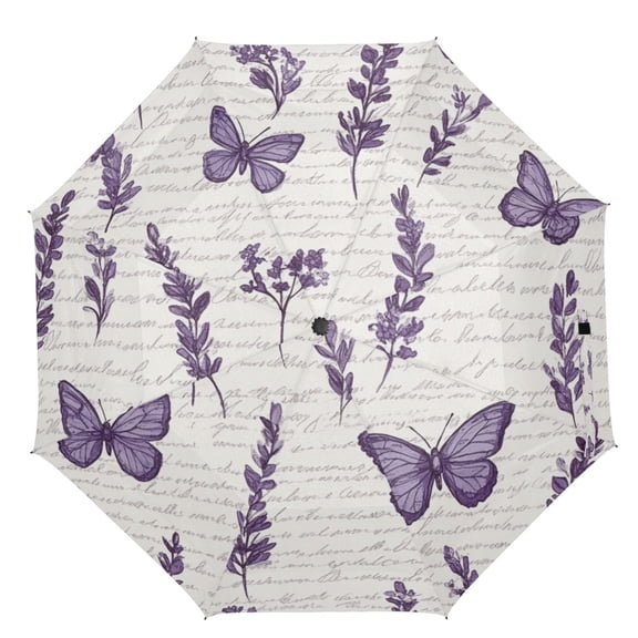21" Inch Auto Open Close Folding Umbrella Windproof Waterproof Full Print 8-Rib Compact Travel Umbrella for Rainy Days Lavender Flowers and Butterflies