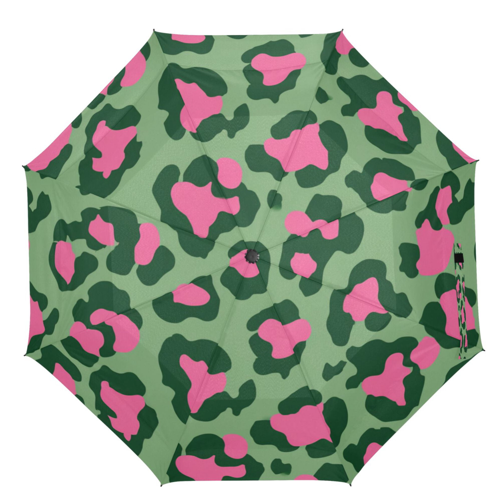 21" Inch Auto Open Close Folding Umbrella Windproof Waterproof Full Print 8-Rib Compact Travel Umbrella for Rainy Days Leopard Print with Pink Accents