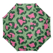 21" Inch Auto Open Close Folding Umbrella Windproof Waterproof Full Print 8-Rib Compact Travel Umbrella for Rainy Days Leopard Print with Pink Accents
