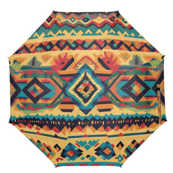 21" Inch Auto Open Close Folding Umbrella Windproof Waterproof Full Print 8-Rib Compact Travel Umbrella for Rainy Days Multicolor Aztec Stripe Pattern