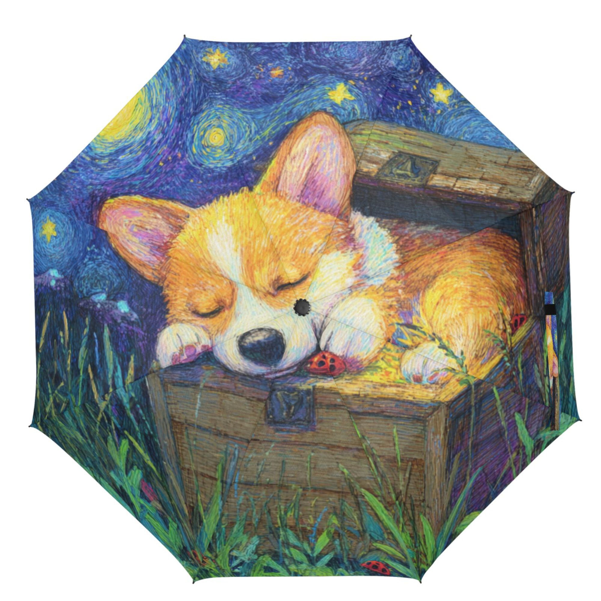 21" Inch Auto Open Close Folding Umbrella Windproof Waterproof Full Print 8-Rib Compact Travel Umbrella for Rainy Days Oil Painting Of A Sleeping Corgi