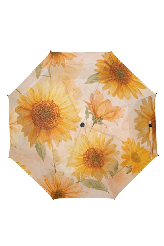 21" Inch Auto Open Close Folding Umbrella Windproof Waterproof Full Print 8-Rib Compact Travel Umbrella for Rainy Days Pastel-toned Sunflowers Pattern