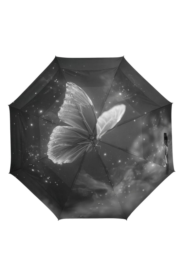 21" Inch Auto Open Close Folding Umbrella Windproof Waterproof Full Print 8-Rib Compact Travel Umbrella for Rainy Days Silver-glittering Butterfly Pattern