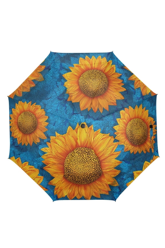 21" Inch Auto Open Close Folding Umbrella Windproof Waterproof Full Print 8-Rib Compact Travel Umbrella for Rainy Days Vibrant Digital Sunflower Painting