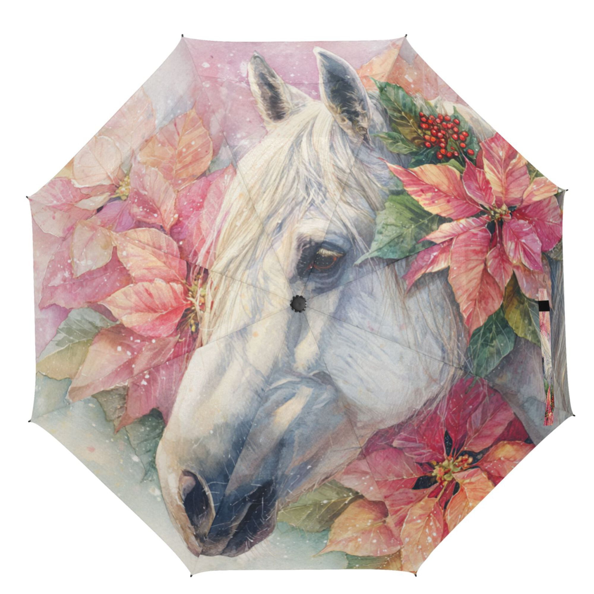 21" Inch Auto Open Close Folding Umbrella Windproof Waterproof Full Print 8-Rib Compact Travel Umbrella for Rainy Days White Horse with Christmas Flowers