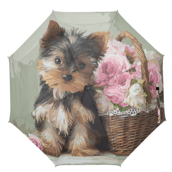 21" Inch Auto Open Close Folding Umbrella Windproof Waterproof Full Print 8-Rib Compact Travel Umbrella for Rainy Days Yorkshire Terrier and Flower Basket