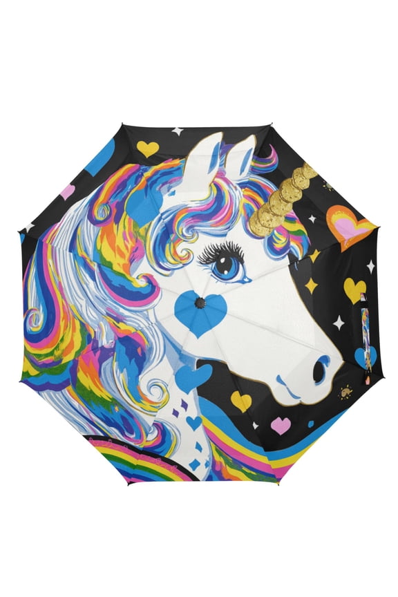 21" Inch Auto Open Close Folding Umbrella Windproof Waterproof Full Print 8-Rib Compact Travel Umbrella for Rainy Days 80s-inspired Unicorn
