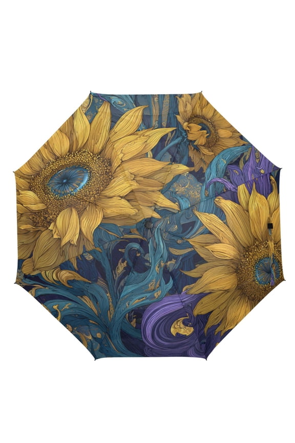 21" Inch Auto Open Close Folding Umbrella Windproof Waterproof Full Print 8-Rib Compact Travel Umbrella for Rainy Days Abstract Sunflowers