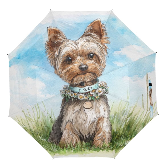 21" Inch Auto Open Close Folding Umbrella Windproof Waterproof Full Print 8-Rib Compact Travel Umbrella for Rainy Days Adorable Yorkshire Terrier