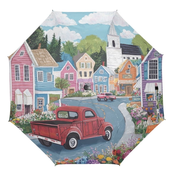 21" Inch Auto Open Close Folding Umbrella Windproof Waterproof Full Print 8-Rib Compact Travel Umbrella for Rainy Days American Country Town