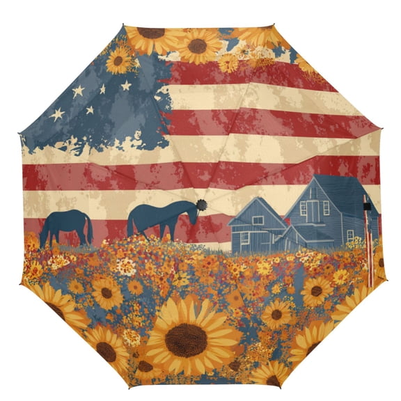 21" Inch Auto Open Close Folding Umbrella Windproof Waterproof Full Print 8-Rib Compact Travel Umbrella for Rainy Days American Folk Art Painting