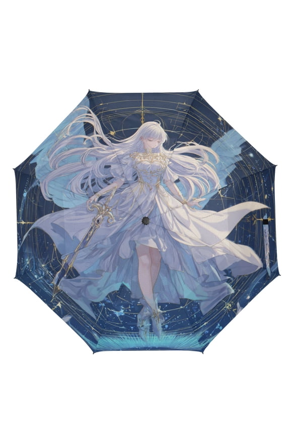 21" Inch Auto Open Close Folding Umbrella Windproof Waterproof Full Print 8-Rib Compact Travel Umbrella for Rainy Days Angel Of The Holy Sword