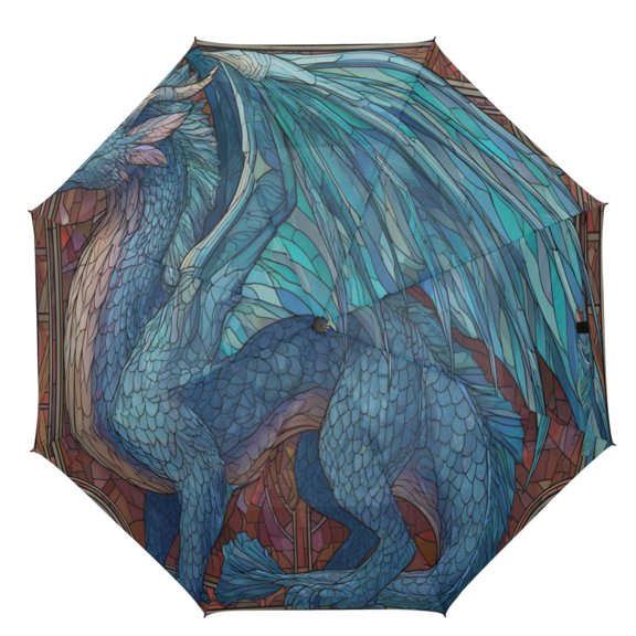 21" Inch Auto Open Close Folding Umbrella Windproof Waterproof Full Print 8-Rib Compact Travel Umbrella for Rainy Days Azure Dragon