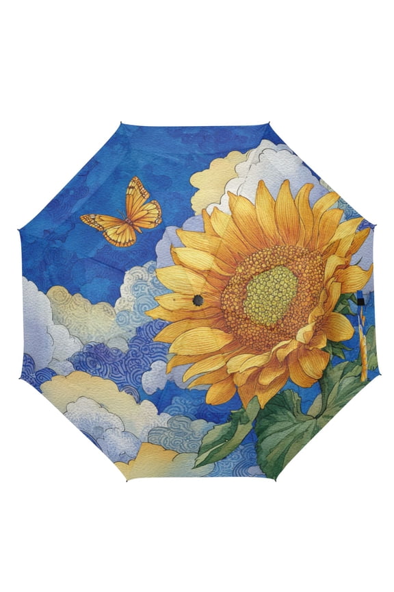 21" Inch Auto Open Close Folding Umbrella Windproof Waterproof Full Print 8-Rib Compact Travel Umbrella for Rainy Days Beautiful Sunflower in The Sky