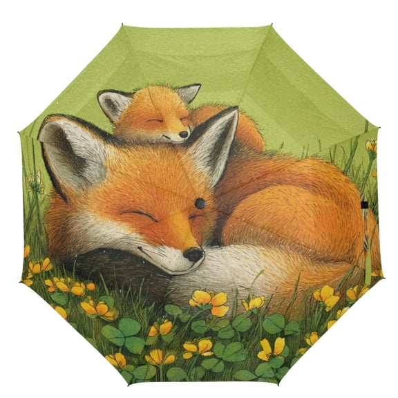 21" Inch Auto Open Close Folding Umbrella Windproof Waterproof Full Print 8-Rib Compact Travel Umbrella for Rainy Days Big and Little Fox