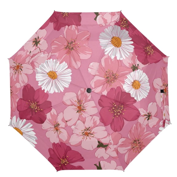 21" Inch Auto Open Close Folding Umbrella Windproof Waterproof Full Print 8-Rib Compact Travel Umbrella for Rainy Days Blooming Cherry Blossoms
