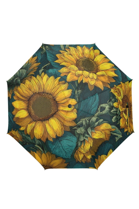 21" Inch Auto Open Close Folding Umbrella Windproof Waterproof Full Print 8-Rib Compact Travel Umbrella for Rainy Days Blooming Sunflowers