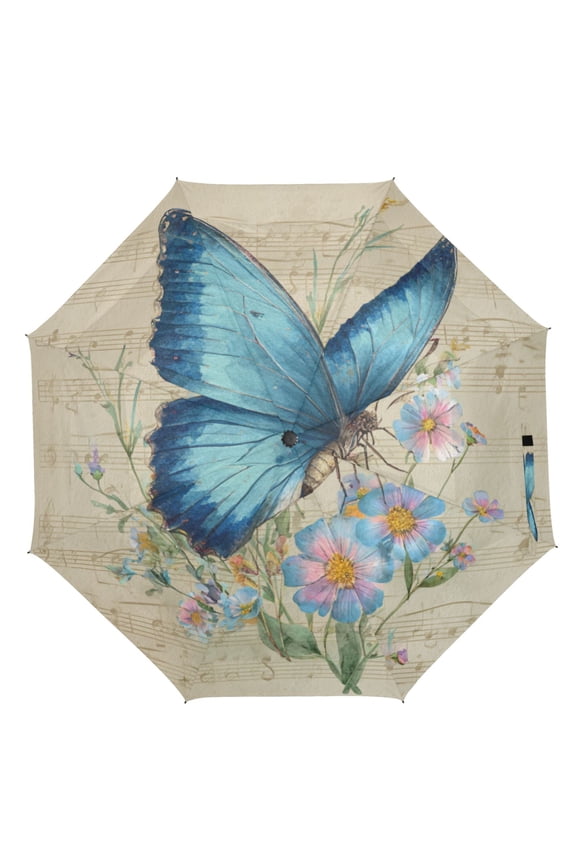 21" Inch Auto Open Close Folding Umbrella Windproof Waterproof Full Print 8-Rib Compact Travel Umbrella for Rainy Days Blue Butterfly and Music Notes
