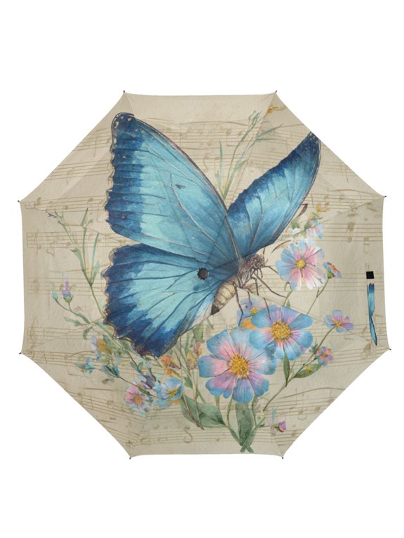 21" Inch Auto Open Close Folding Umbrella Windproof Waterproof Full Print 8-Rib Compact Travel Umbrella for Rainy Days Blue Butterfly and Music Notes