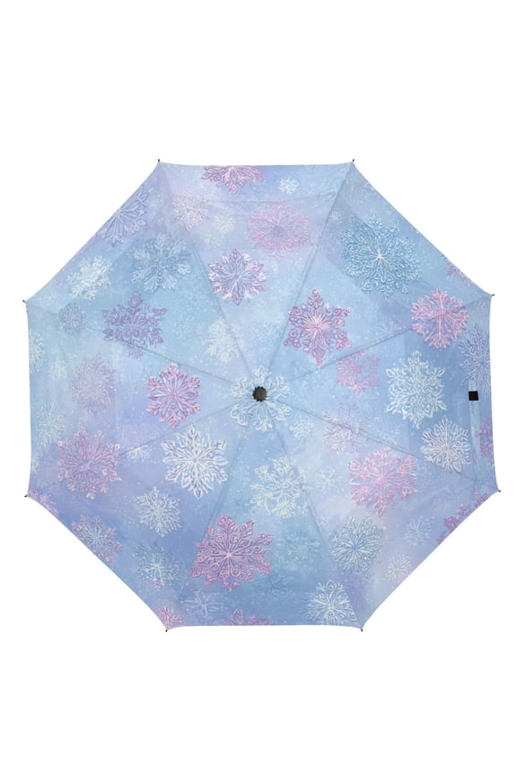 21" Inch Auto Open Close Folding Umbrella Windproof Waterproof Full Print 8-Rib Compact Travel Umbrella for Rainy Days Blue-pink Snowflakes Pattern