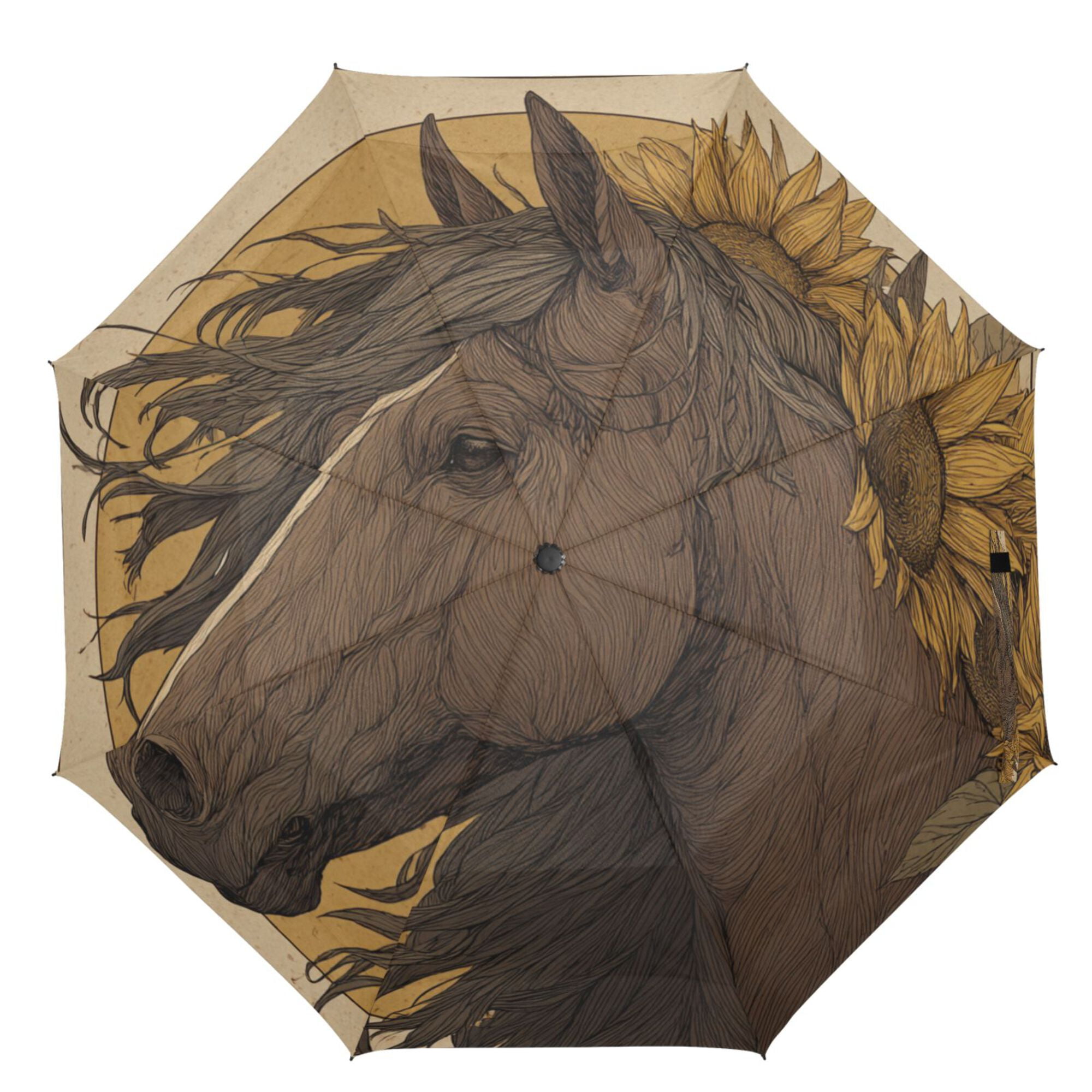 21" Inch Auto Open Close Folding Umbrella Windproof Waterproof Full Print 8-Rib Compact Travel Umbrella for Rainy Days Brown Horse with Sunflower
