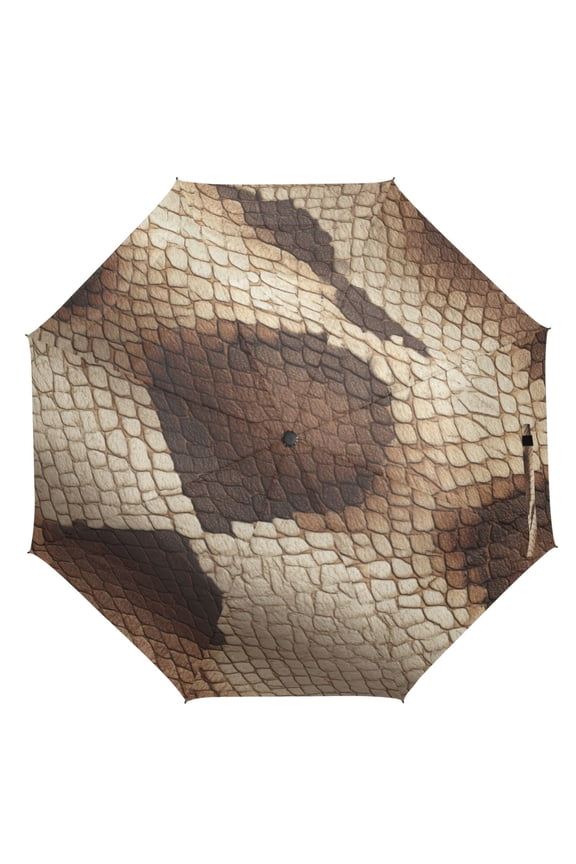 21" Inch Auto Open Close Folding Umbrella Windproof Waterproof Full Print 8-Rib Compact Travel Umbrella for Rainy Days Brown Snake Skin Pattern