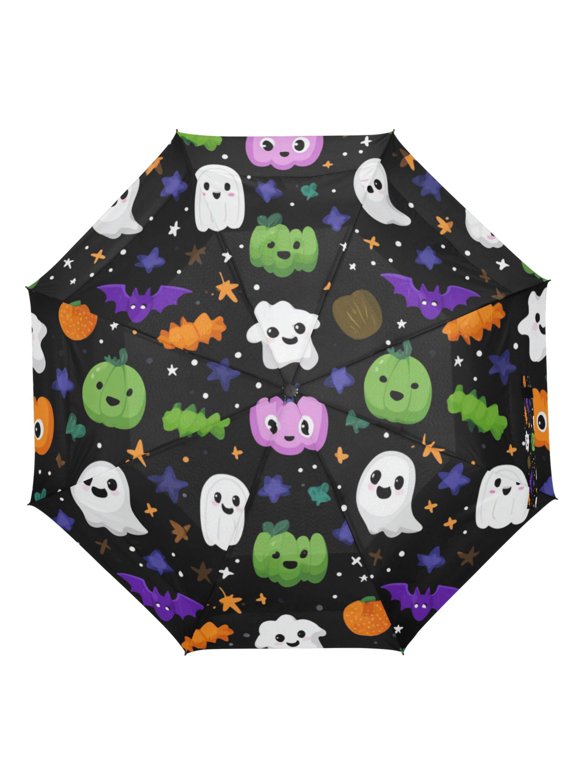 21" Inch Auto Open Close Folding Umbrella Windproof Waterproof Full Print 8-Rib Compact Travel Umbrella for Rainy Days Cartoon Ghosts Pumpkins