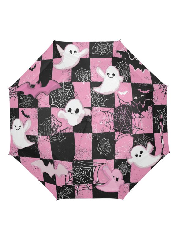 21" Inch Auto Open Close Folding Umbrella Windproof Waterproof Full Print 8-Rib Compact Travel Umbrella for Rainy Days Cartoon Ghosts