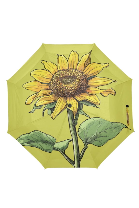 21" Inch Auto Open Close Folding Umbrella Windproof Waterproof Full Print 8-Rib Compact Travel Umbrella for Rainy Days Cartoon Sunflower Illustration