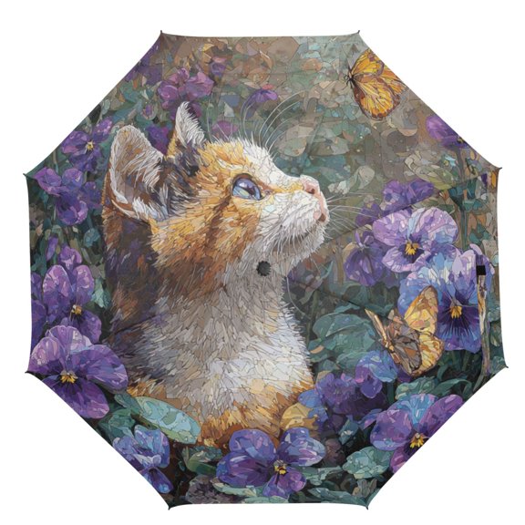 21" Inch Auto Open Close Folding Umbrella Windproof Waterproof Full Print 8-Rib Compact Travel Umbrella for Rainy Days Cat From Violet