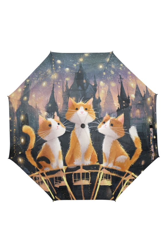21" Inch Auto Open Close Folding Umbrella Windproof Waterproof Full Print 8-Rib Compact Travel Umbrella for Rainy Days Cats on Ferris Wheel