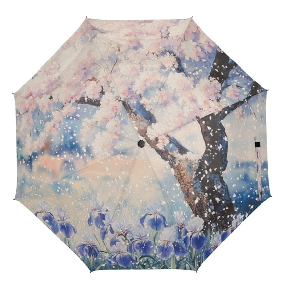 21" Inch Auto Open Close Folding Umbrella Windproof Waterproof Full Print 8-Rib Compact Travel Umbrella for Rainy Days Cherry Blossoms in The Tree