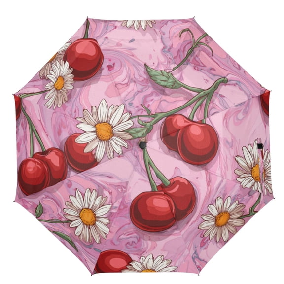 21" Inch Auto Open Close Folding Umbrella Windproof Waterproof Full Print 8-Rib Compact Travel Umbrella for Rainy Days Cherry Fruit