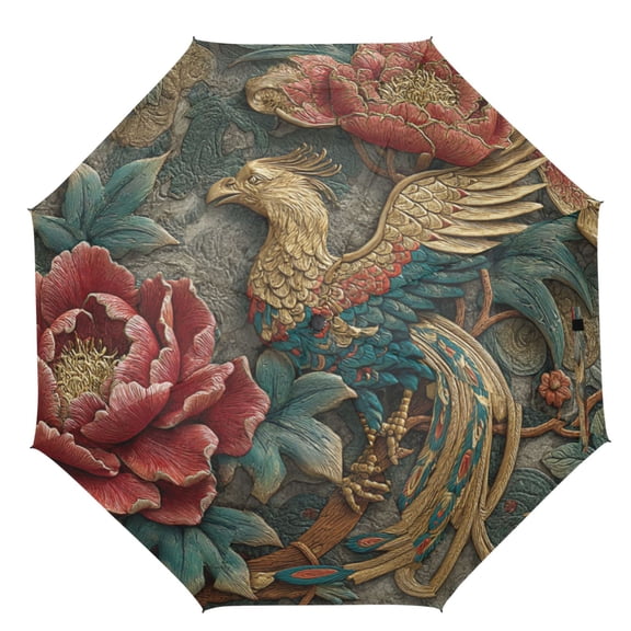 21" Inch Auto Open Close Folding Umbrella Windproof Waterproof Full Print 8-Rib Compact Travel Umbrella for Rainy Days Chinese Phoenix