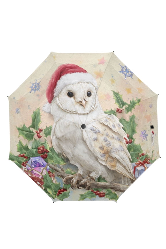 21" Inch Auto Open Close Folding Umbrella Windproof Waterproof Full Print 8-Rib Compact Travel Umbrella for Rainy Days Christmas Cute White Owl