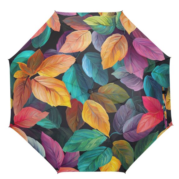 21" Inch Auto Open Close Folding Umbrella Windproof Waterproof Full Print 8-Rib Compact Travel Umbrella for Rainy Days Colorful Autumn Fall Leaves