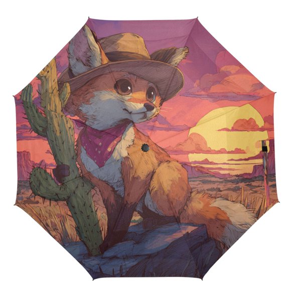 21" Inch Auto Open Close Folding Umbrella Windproof Waterproof Full Print 8-Rib Compact Travel Umbrella for Rainy Days Cowboy Fox