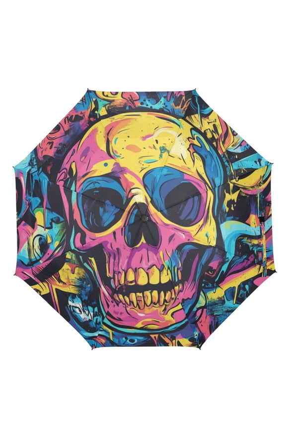21" Inch Auto Open Close Folding Umbrella Windproof Waterproof Full Print 8-Rib Compact Travel Umbrella for Rainy Days Creative Graffiti Skull