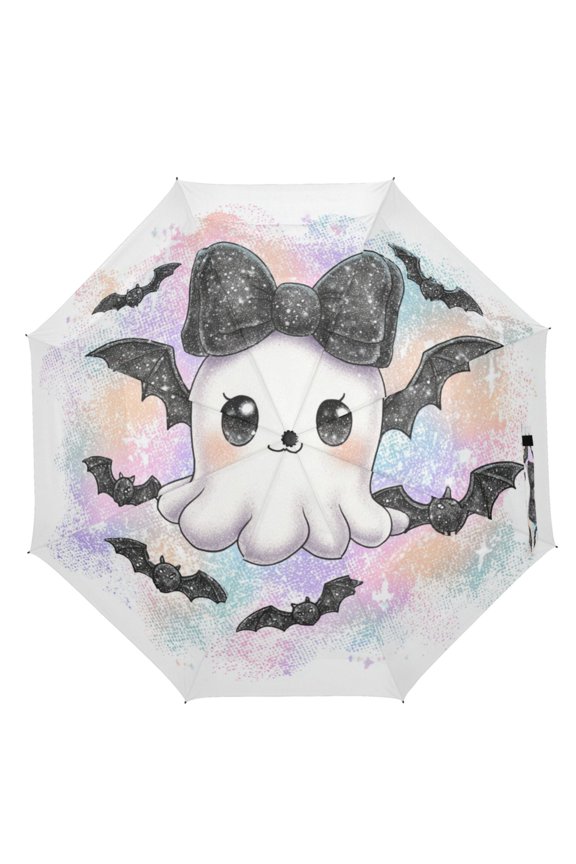 21" Inch Auto Open Close Folding Umbrella Windproof Waterproof Full Print 8-Rib Compact Travel Umbrella for Rainy Days Cute Black Bat Ghost