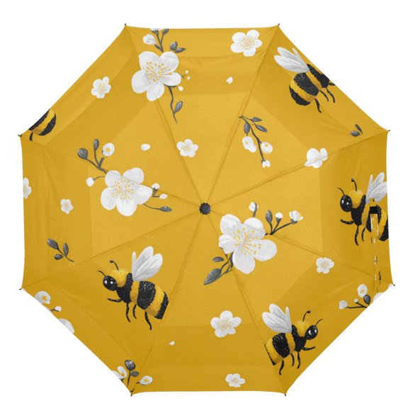 21" Inch Auto Open Close Folding Umbrella Windproof Waterproof Full Print 8-Rib Compact Travel Umbrella for Rainy Days Cute Cartoon Bees