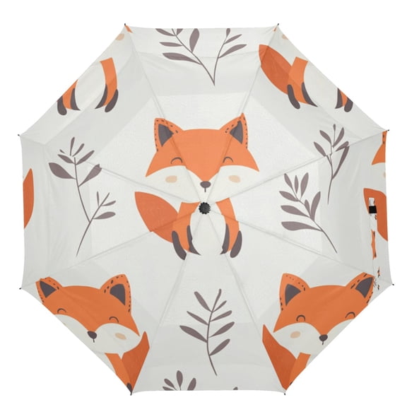 21" Inch Auto Open Close Folding Umbrella Windproof Waterproof Full Print 8-Rib Compact Travel Umbrella for Rainy Days Cute Fox Pattern