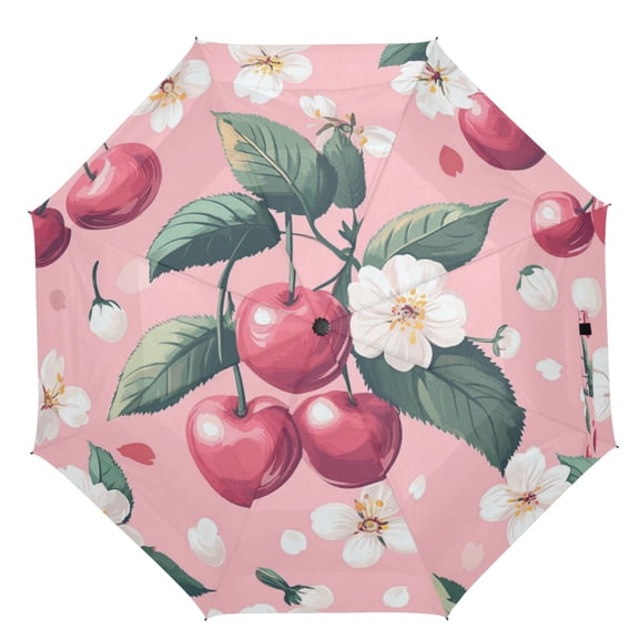 21" Inch Auto Open Close Folding Umbrella Windproof Waterproof Full Print 8-Rib Compact Travel Umbrella for Rainy Days Cute Girly Style Cherry