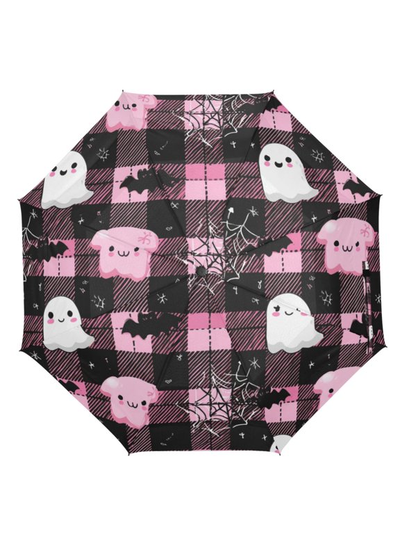 21" Inch Auto Open Close Folding Umbrella Windproof Waterproof Full Print 8-Rib Compact Travel Umbrella for Rainy Days Cute Halloween Ghosts