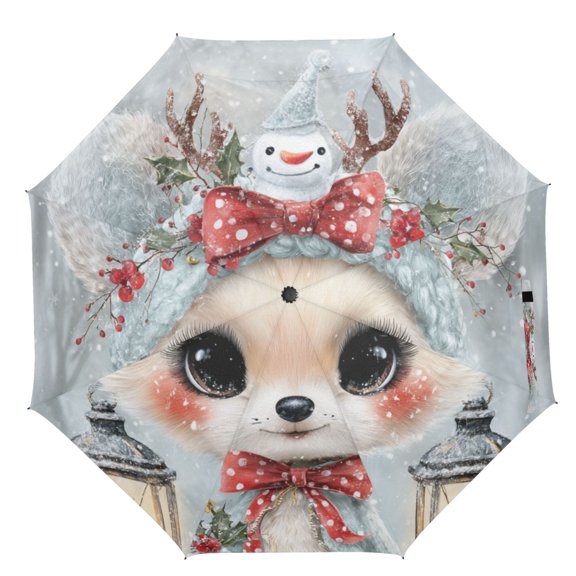 21" Inch Auto Open Close Folding Umbrella Windproof Waterproof Full Print 8-Rib Compact Travel Umbrella for Rainy Days Cute Kawaii Fox Pattern