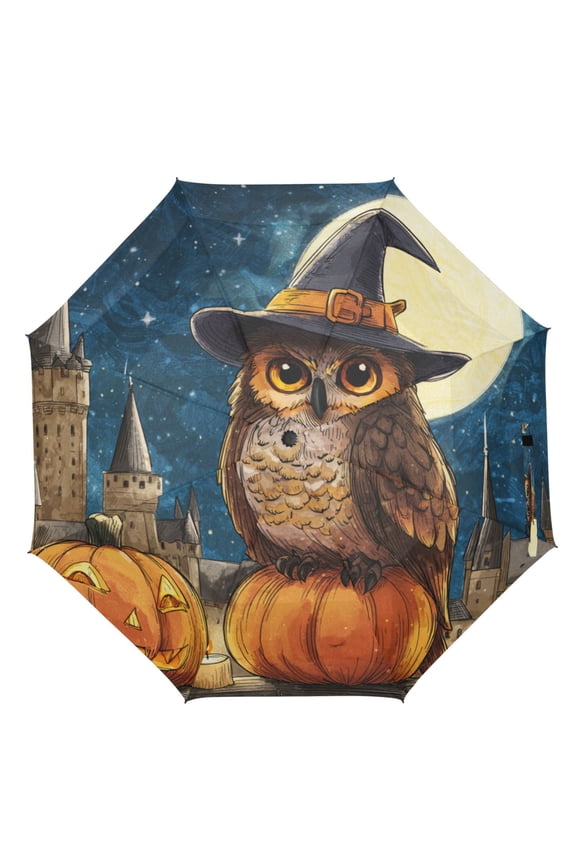 21" Inch Auto Open Close Folding Umbrella Windproof Waterproof Full Print 8-Rib Compact Travel Umbrella for Rainy Days Cute Magic Owl