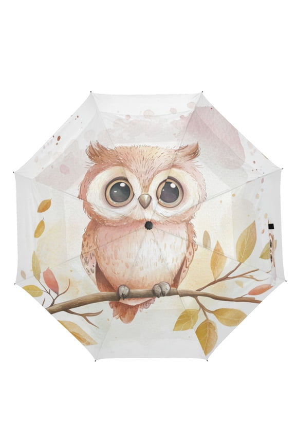 21" Inch Auto Open Close Folding Umbrella Windproof Waterproof Full Print 8-Rib Compact Travel Umbrella for Rainy Days Cute Owl