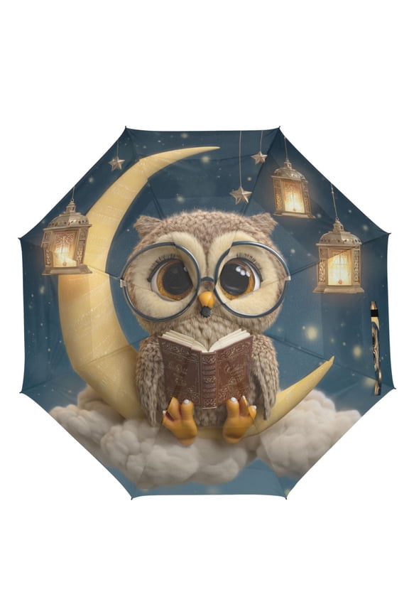 21" Inch Auto Open Close Folding Umbrella Windproof Waterproof Full Print 8-Rib Compact Travel Umbrella for Rainy Days Cute Owl